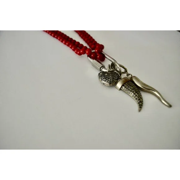Coral Double Strand Necklace with Carabiner Lock Huge Pendants Statement Piece